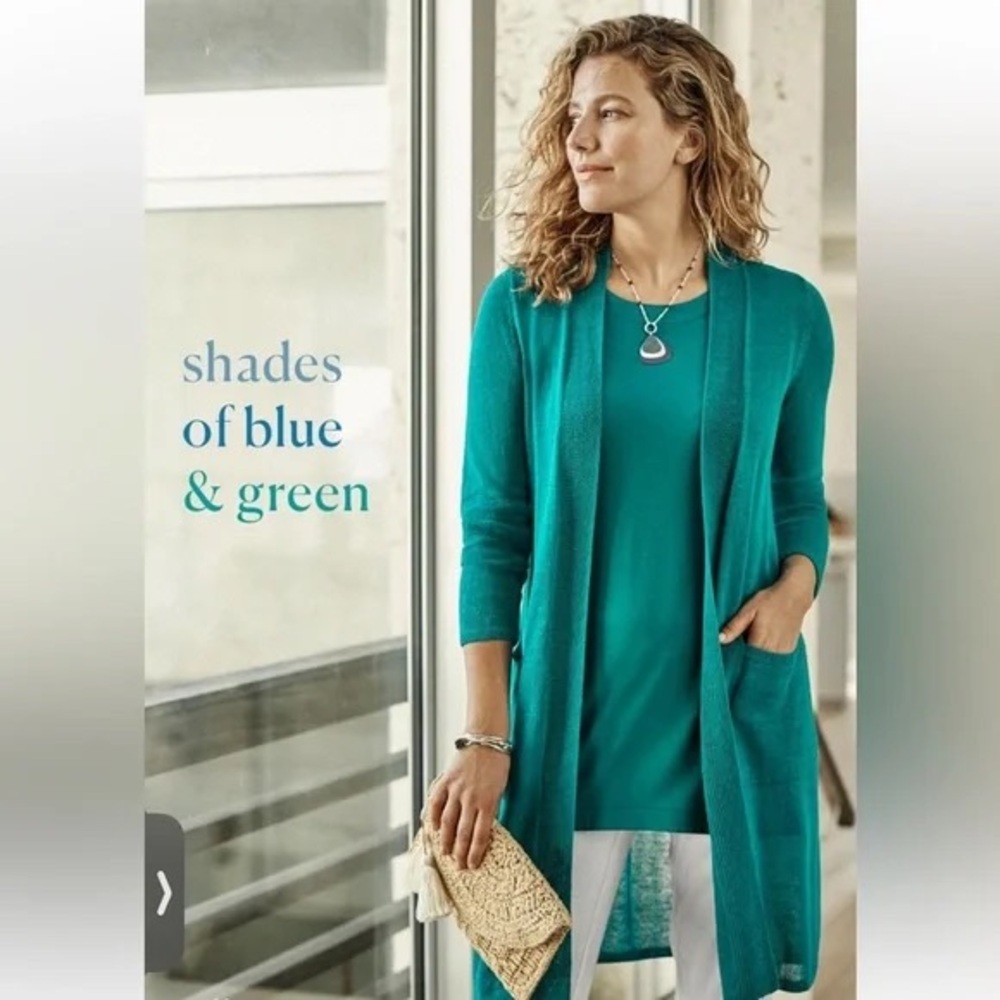 J Jill Linen Blend Long Line Cardigan w Pockets Size Medium